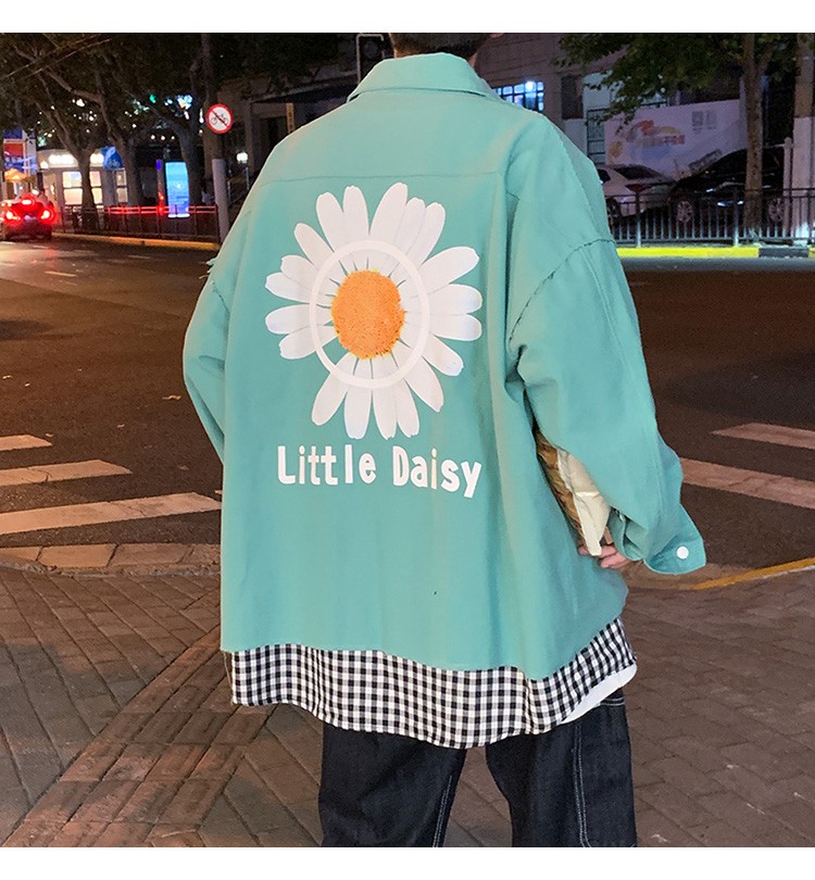 Hong Kong-style autumn checkered jacket, trendy men's lapel casual chrysanthemum print jacket outdoor scene detail image 16