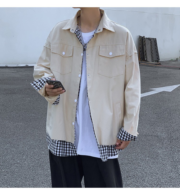 Hong Kong-style autumn checkered jacket, trendy men's lapel casual chrysanthemum print jacket outdoor scene detail image 17