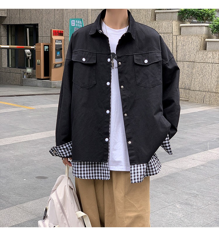 Hong Kong-style autumn checkered jacket, trendy men's lapel casual chrysanthemum print jacket outdoor scene detail image 3