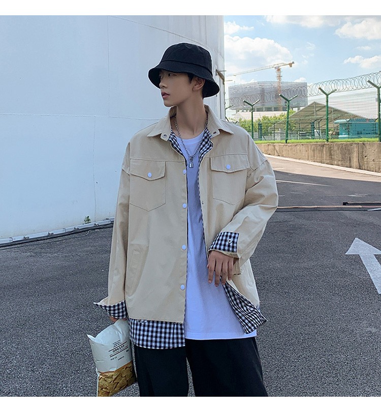 Hong Kong-style autumn checkered jacket, trendy men's lapel casual chrysanthemum print jacket outdoor scene detail image 10