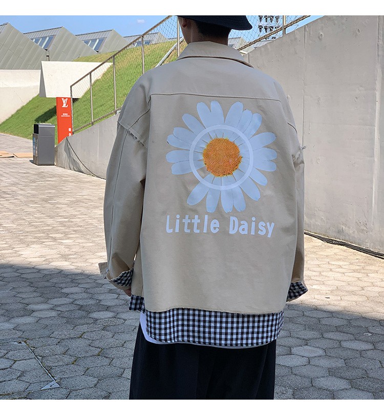 Hong Kong-style autumn checkered jacket, trendy men's lapel casual chrysanthemum print jacket outdoor scene detail image 19