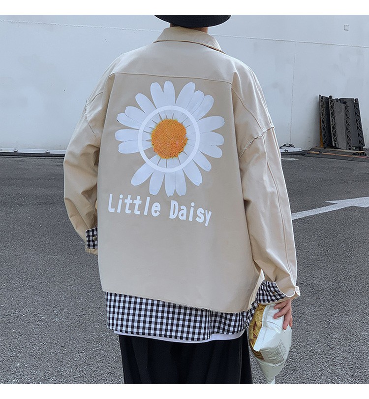 Hong Kong-style autumn checkered jacket, trendy men's lapel casual chrysanthemum print jacket outdoor scene detail image 7