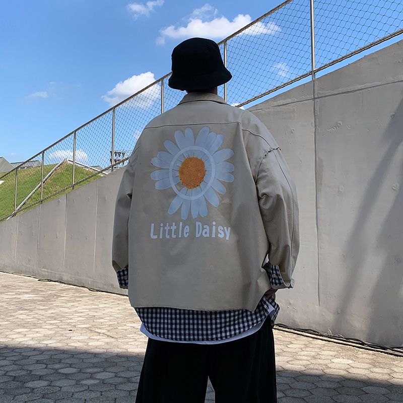 Hong Kong-style autumn checkered jacket, trendy men's lapel casual chrysanthemum print jacket outdoor scene details Picture