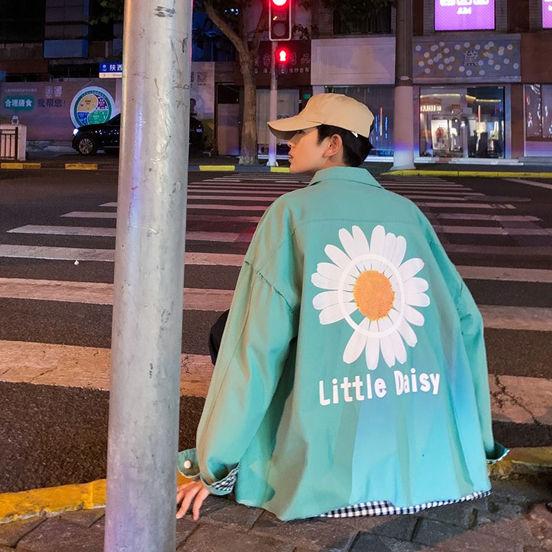 Hong Kong-style autumn checkered jacket, trendy men's lapel casual chrysanthemum print jacket outdoor scene Specification image