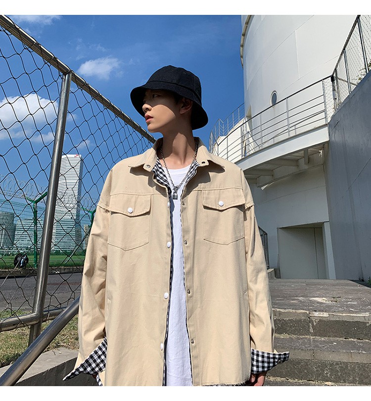 Hong Kong-style autumn checkered jacket, trendy men's lapel casual chrysanthemum print jacket outdoor scene detail image 20