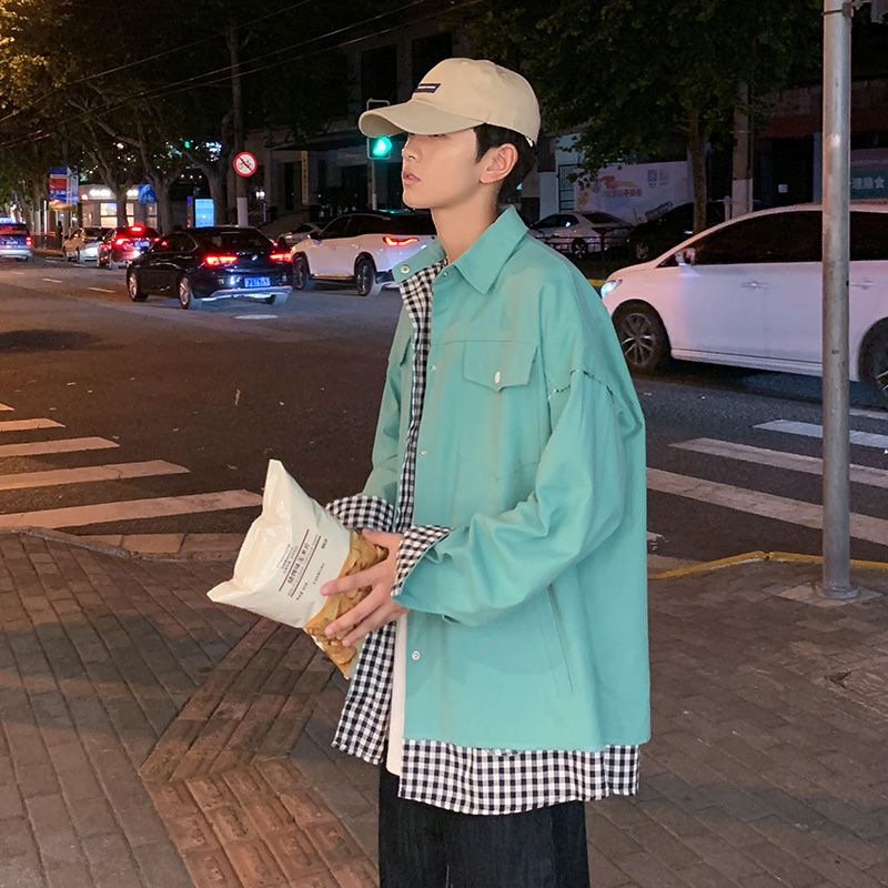 Hong Kong-style autumn checkered jacket, trendy men's lapel casual chrysanthemum print jacket outdoor scene Application Scenario