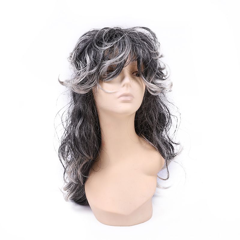 Black and white full-wave long curly hair bangs wig