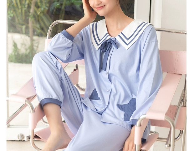 睡衣女纯棉长袖学院风  星星口袋甜美减龄可爱家居服