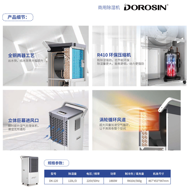 多乐信DOROSIN适用面积80~150平方多场景使用除湿量60L/D功率1150W商用除湿机型号ERS-860L详情图3