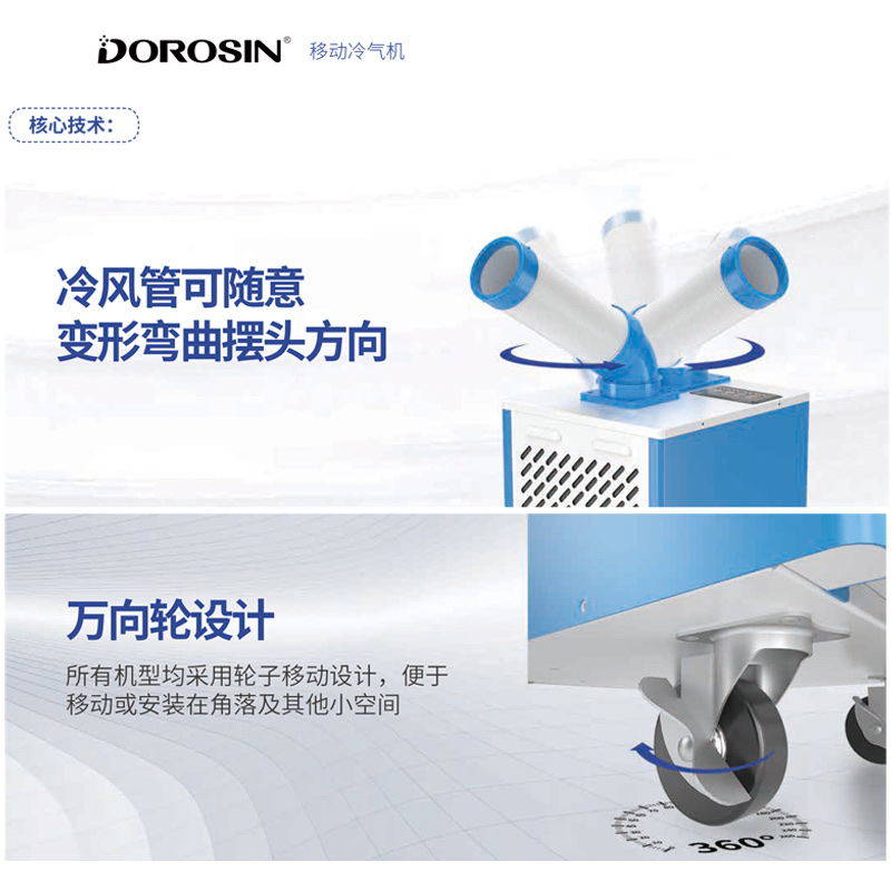 The DOROSIN DAKC-140 mobile air conditioner is suitable for large areas, square Spaces and multiple scenarios. It has a cooling capacity of 14000w and a power of 5000w undefined
