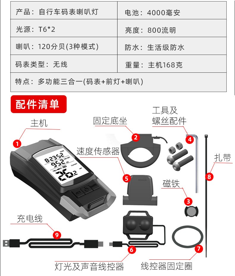1920充电自行车前灯无线码表单车电子喇叭灯铃铛夜骑灯骑行装备详情图1
