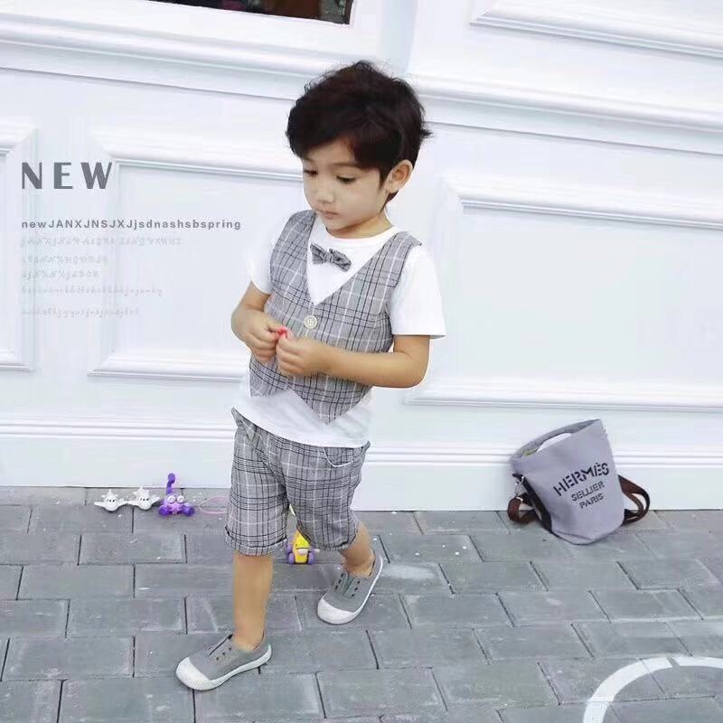Hot style summer boy fashion casual gentleman baby suit boy summer 0-4 years old fake vest short sleeve two-piece suit thumbnail