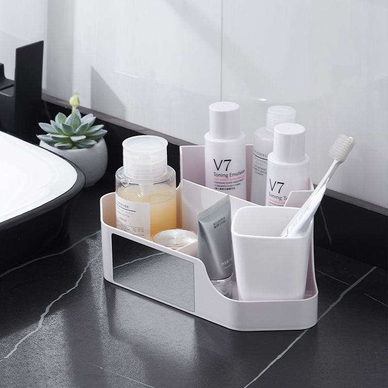 Fashionable multi-functional desktop with mirror, cosmetic storage box, miscellaneous storage rack, bathroom dressing table organization rack Application Scenario