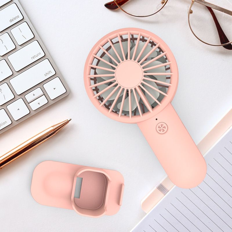 Hand-held small fan, double fan blade, Mini USB charging belt, mobile phone stand, big wind four-speed portable mute fan full figure