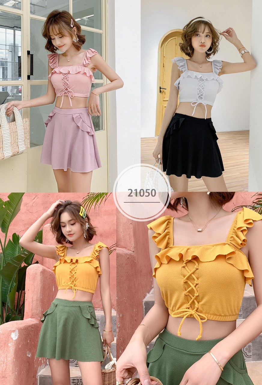 21050#泡泡布新面料露脐分体：黄色、粉色、黑白