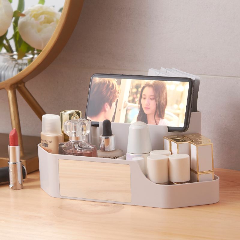Fashionable multi-functional desktop with mirror, cosmetic storage box, miscellaneous storage rack, bathroom dressing table organization rack full figure