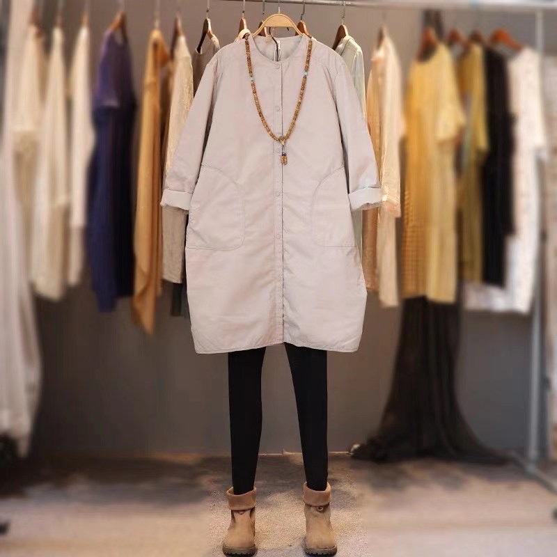 Medium Long Round Neck Casual Cotton-Padded Jacket Specification drawing