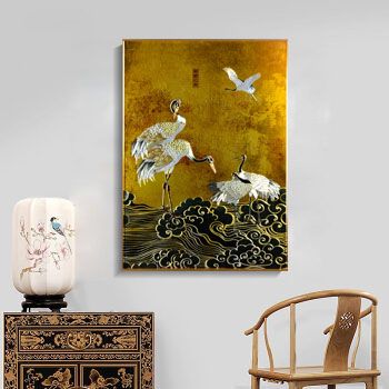 New Chinese style light luxury decorative painting metal hand chisel in living room dining room sofa background wall painting hanging painting colorful carving painting Crane Longevity -60*80 thumbnail