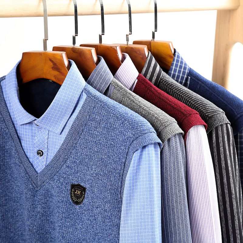 2020 New faux two-piece shirt with fleece, men's thickened casual checked warm shirt, middle-aged loose cotton fleece jacket