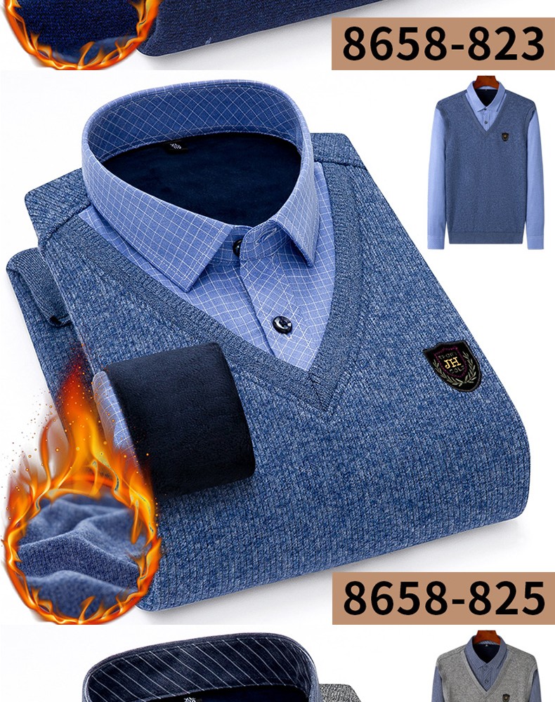 2020 New faux two-piece shirt with fleece, men's thickened casual checked warm shirt, middle-aged loose cotton fleece jacket detail image 14