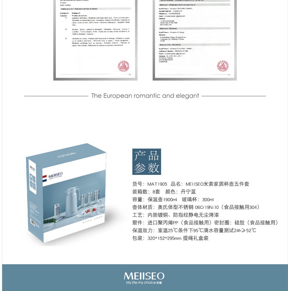 MEIISEO米索家居杯壶五件套装1.9L保温壶X1+0.3L双层防烫玻璃杯X4详情图6