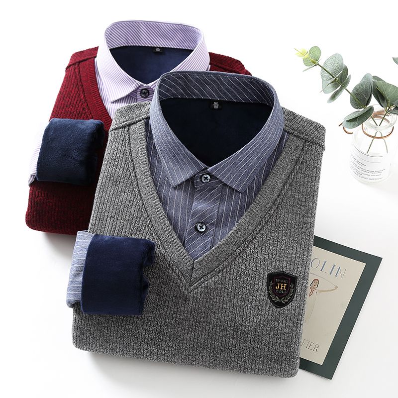 2020 New faux two-piece shirt with fleece, men's thickened casual checked warm shirt, middle-aged loose cotton fleece jacket details Picture