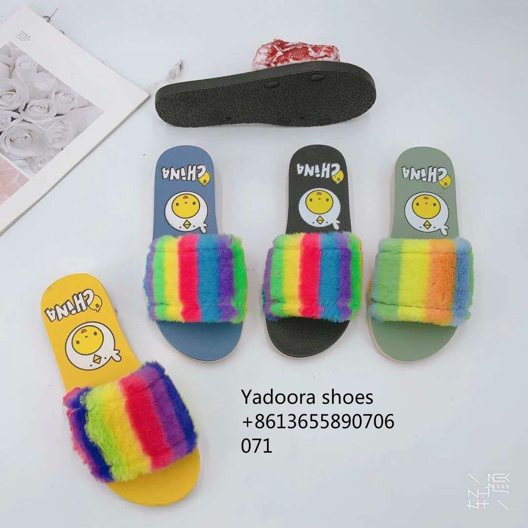 New vertical strip rainbow hair with smiley face slippers for women