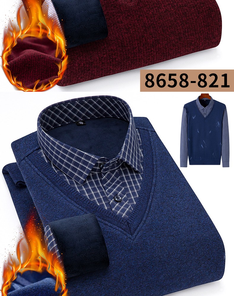 2020 New faux two-piece shirt with fleece, men's thickened casual checked warm shirt, middle-aged loose cotton fleece jacket detail image 13