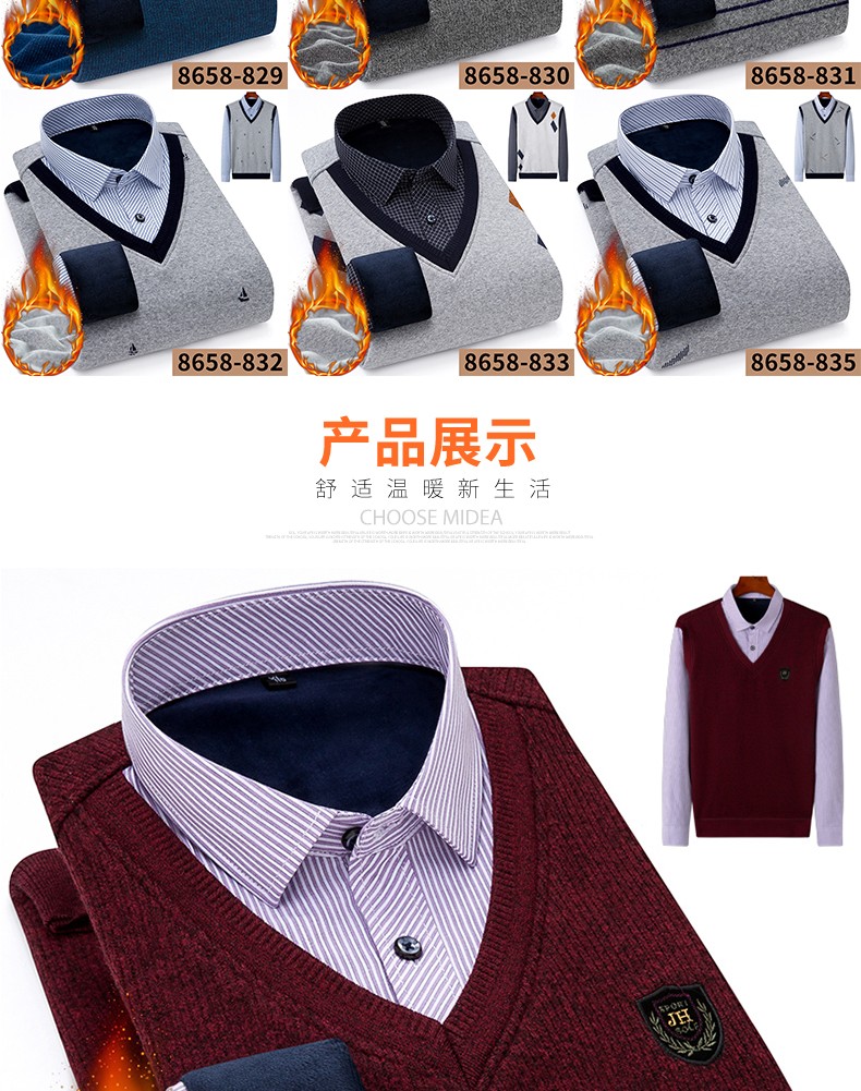 2020 New faux two-piece shirt with fleece, men's thickened casual checked warm shirt, middle-aged loose cotton fleece jacket detail image 12