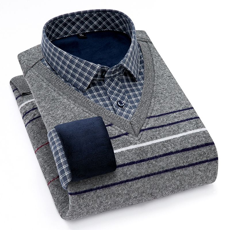 2020 New faux two-piece shirt with fleece, men's thickened casual checked warm shirt, middle-aged loose cotton fleece jacket Item Picture