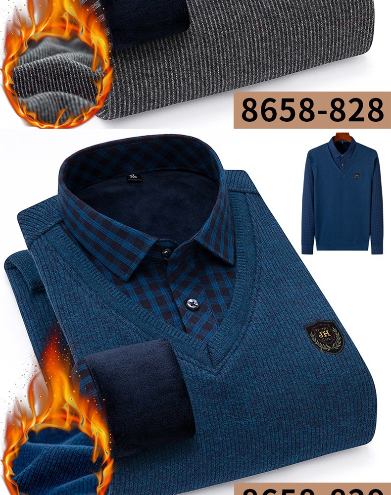 2020 New faux two-piece shirt with fleece, men's thickened casual checked warm shirt, middle-aged loose cotton fleece jacket detail image 17
