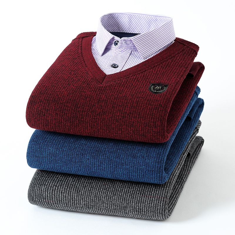 2020 New faux two-piece shirt with fleece, men's thickened casual checked warm shirt, middle-aged loose cotton fleece jacket Specification image