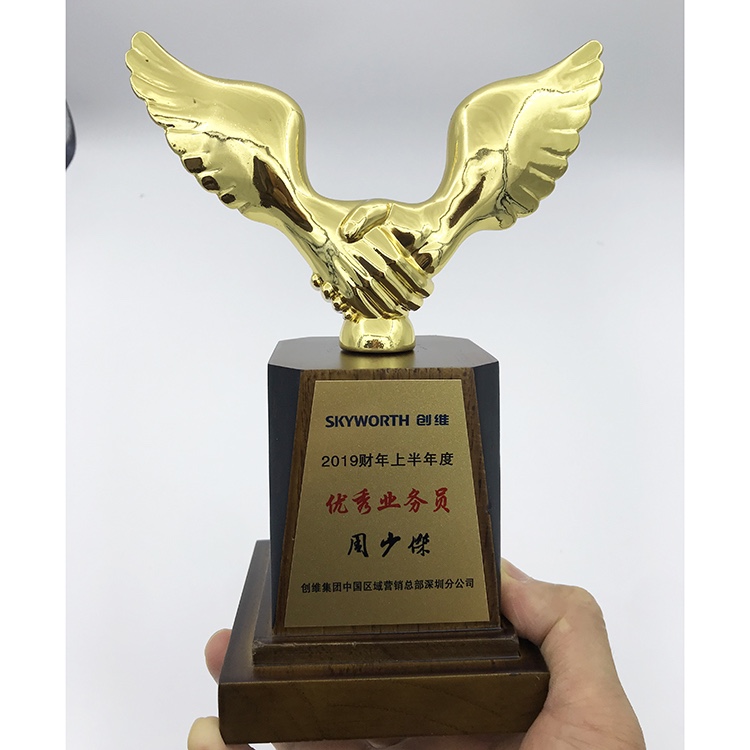 Handshake wing trophy, metal alloy personalized design trophy