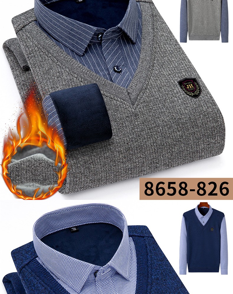 2020 New faux two-piece shirt with fleece, men's thickened casual checked warm shirt, middle-aged loose cotton fleece jacket detail image 15
