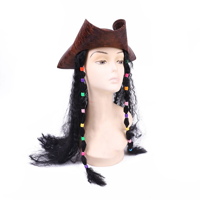 Leather pirate hat with wig, professional hat, wig with beads, pirate captain's hat