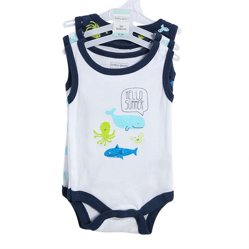 新款婴儿童无袖连体衣男款夏季背心三角哈衣新生儿包屁衣宝宝爬服白底实物图