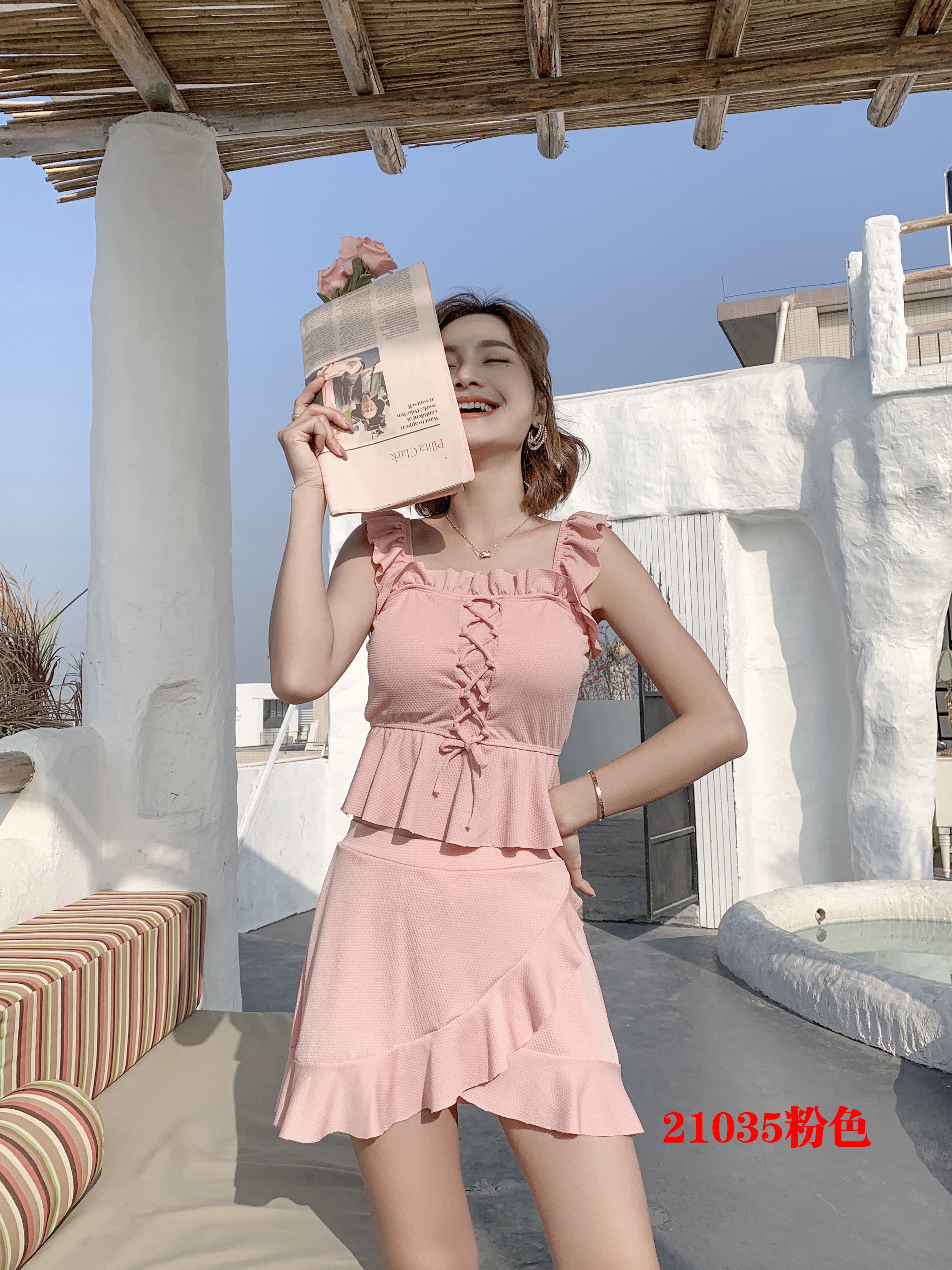 21035#最新面料泡泡布韩版分体裙爆款：黑色粉色兰色详情图6