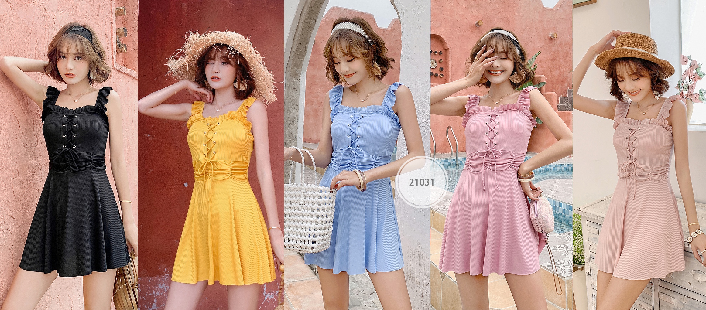 21031#最新面料坑条布连体泳衣：黑色、粉色，黄色、兰色产品图