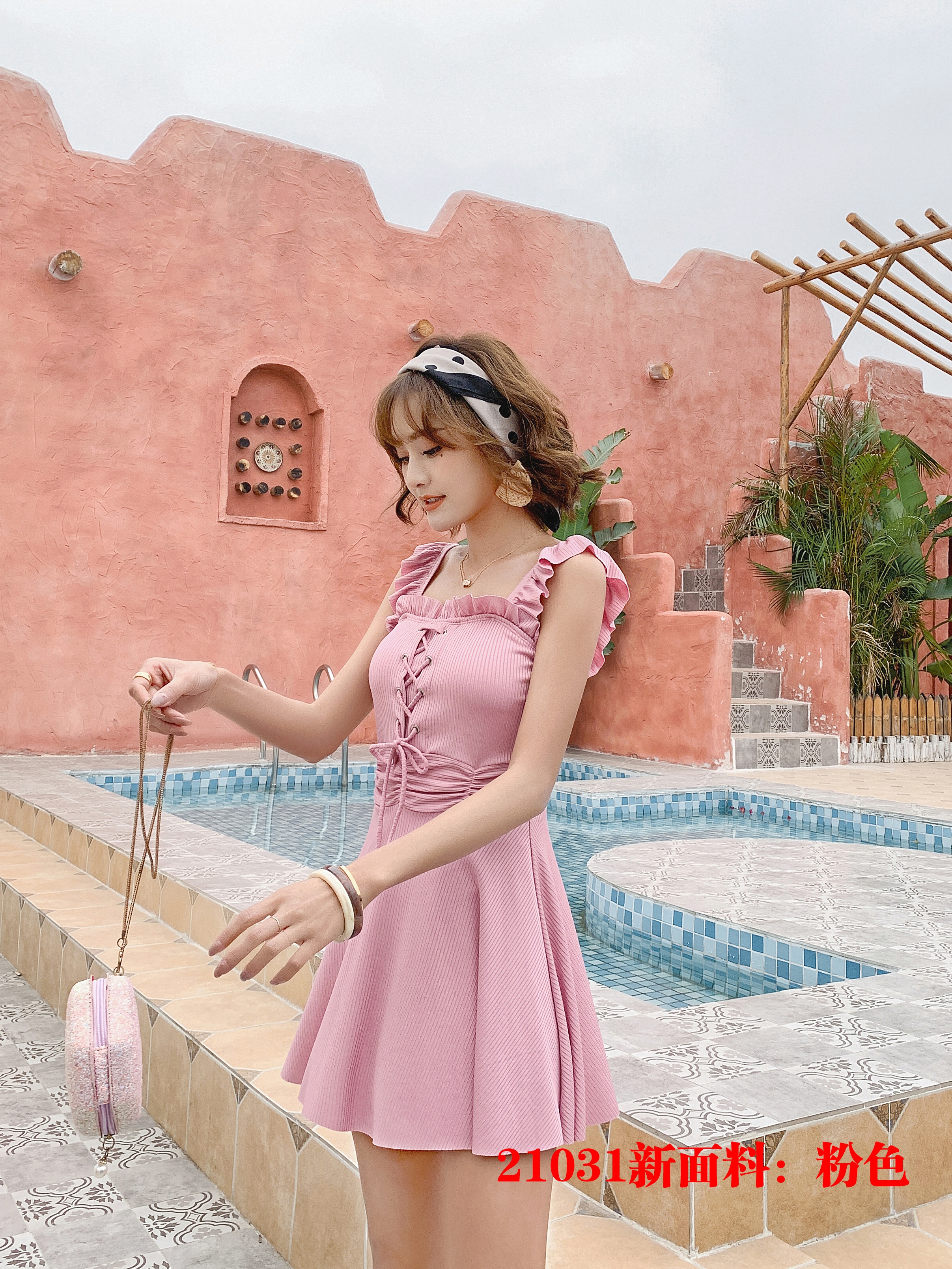 21031#最新面料坑条布连体泳衣：黑色、粉色，黄色、兰色详情图8