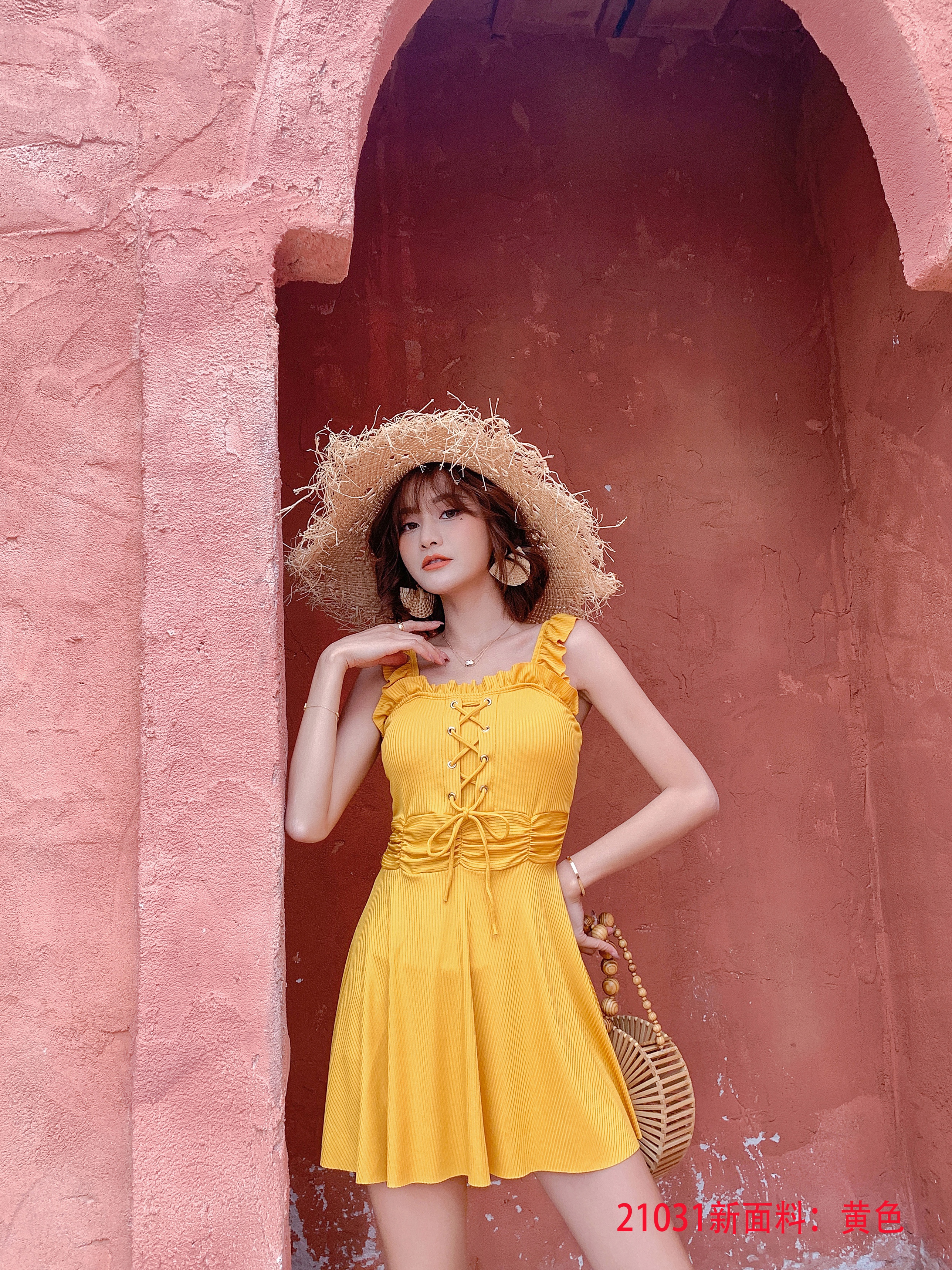 21031#最新面料坑条布连体泳衣：黑色、粉色，黄色、兰色详情图9