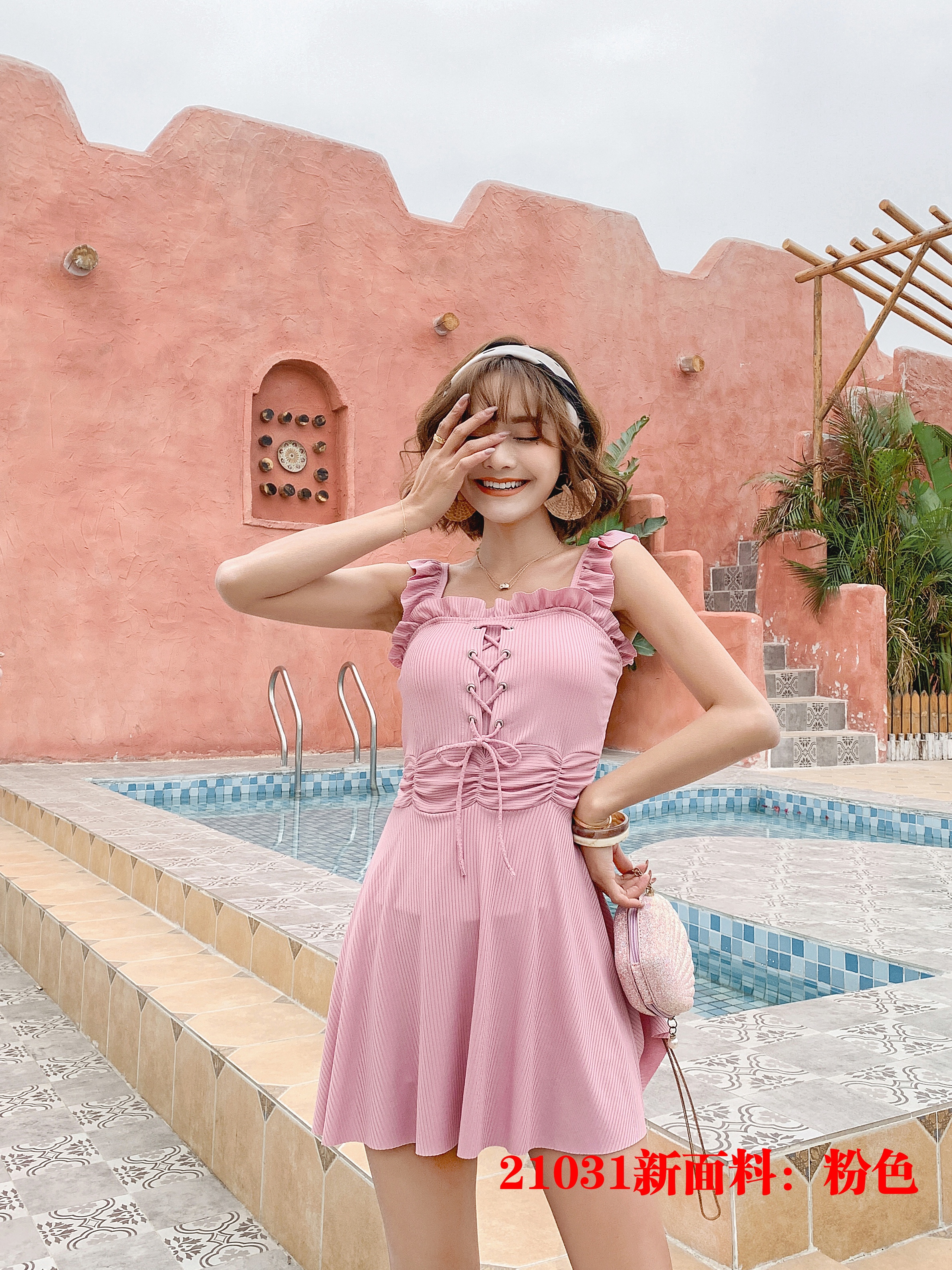 21031#最新面料坑条布连体泳衣：黑色、粉色，黄色、兰色详情图7