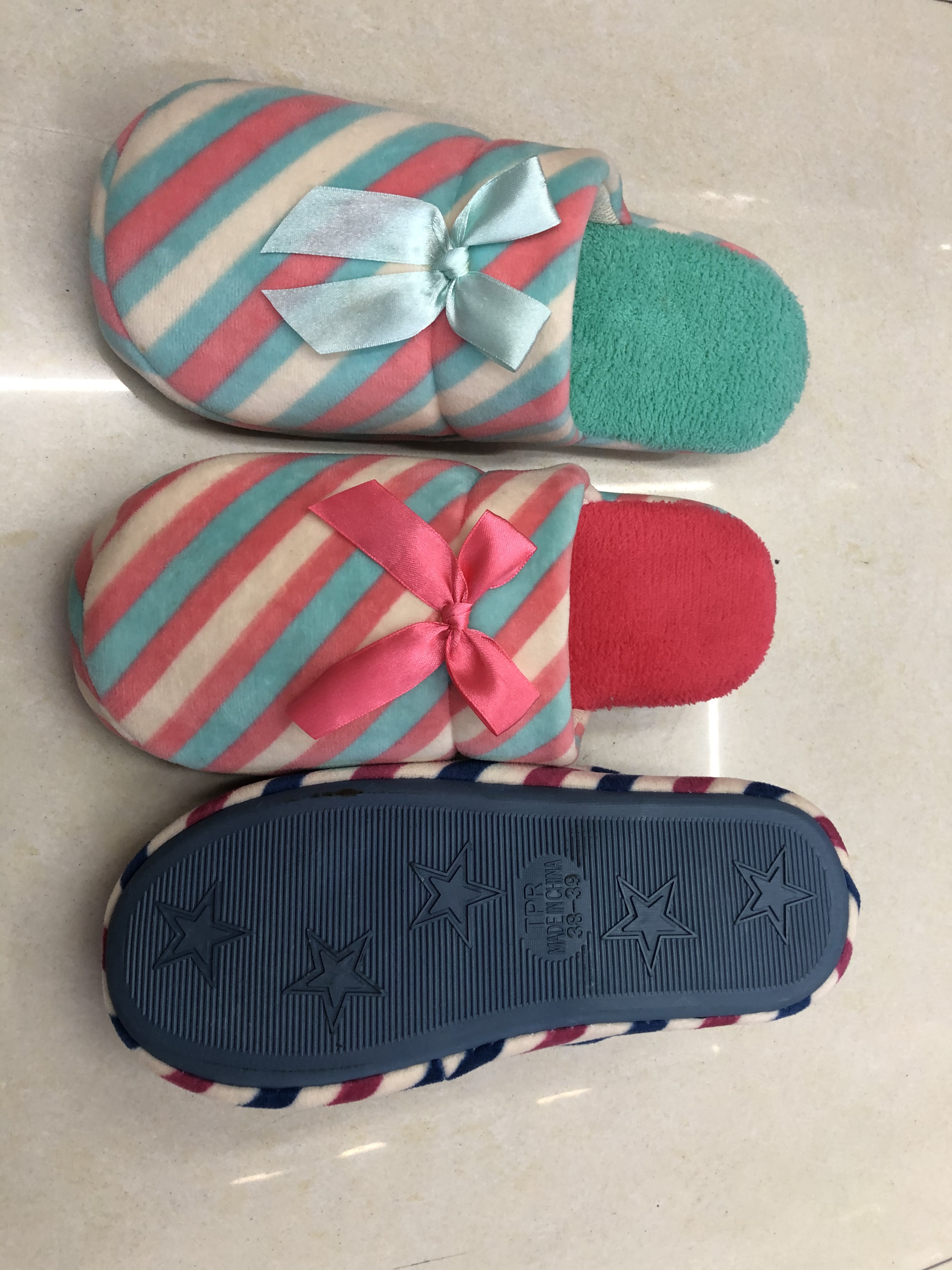 Hot-selling Korean-style striped bow women's cotton slippers detail image 2