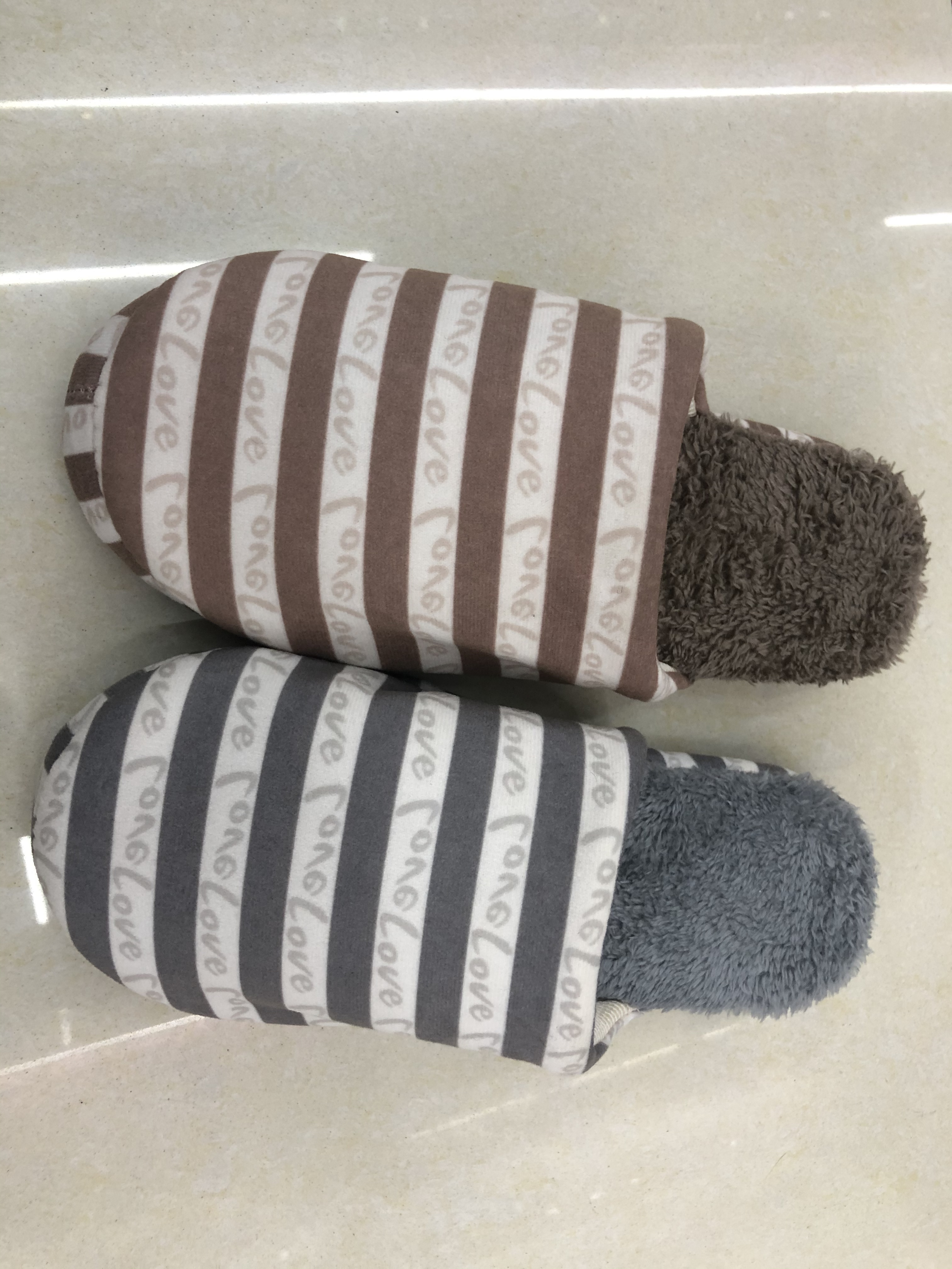 New striped love men's cotton slippers for foreign trade, couple striped home plush slippers Specification image