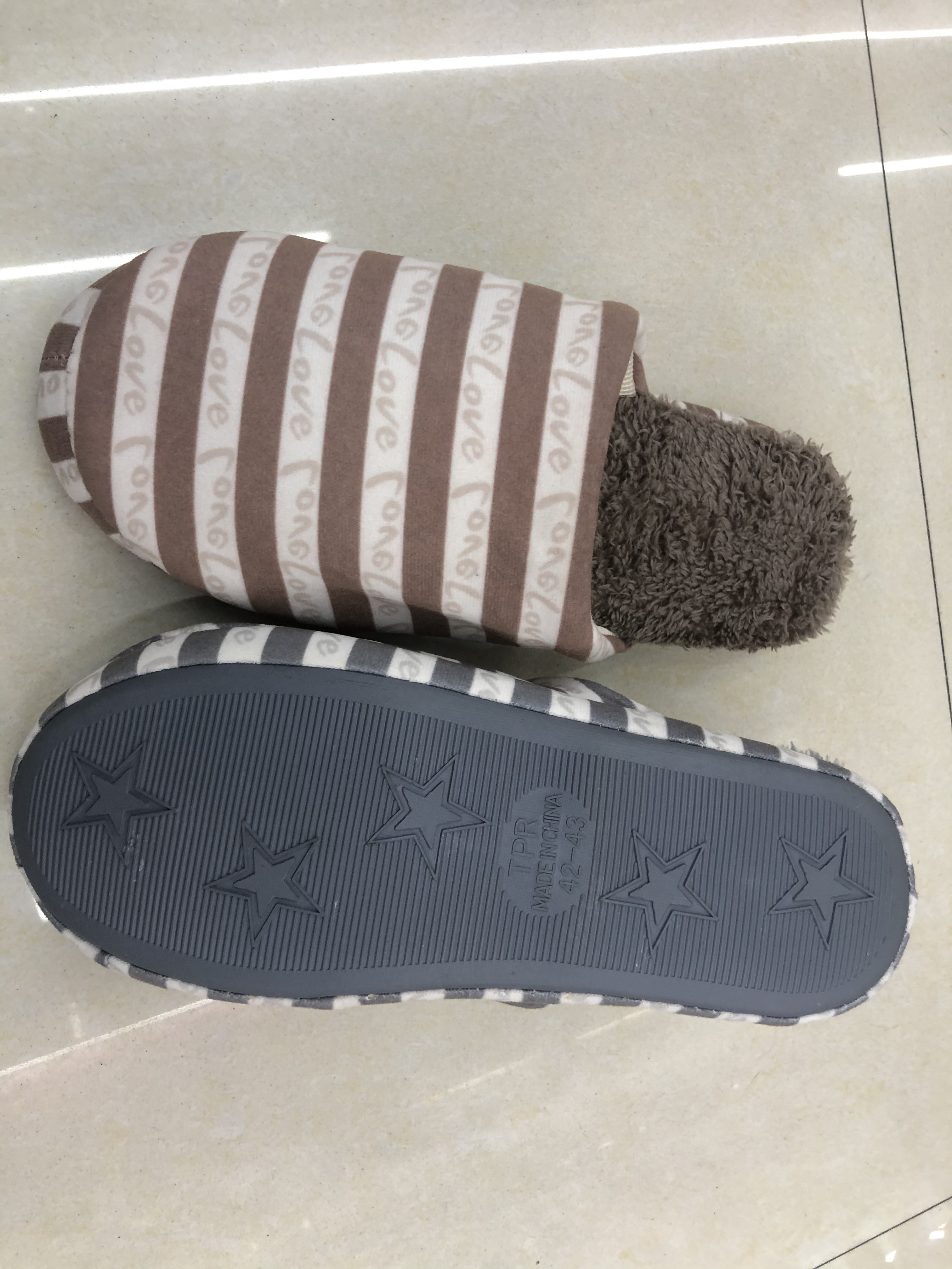 New striped love men's cotton slippers for foreign trade, couple striped home plush slippers pic 3