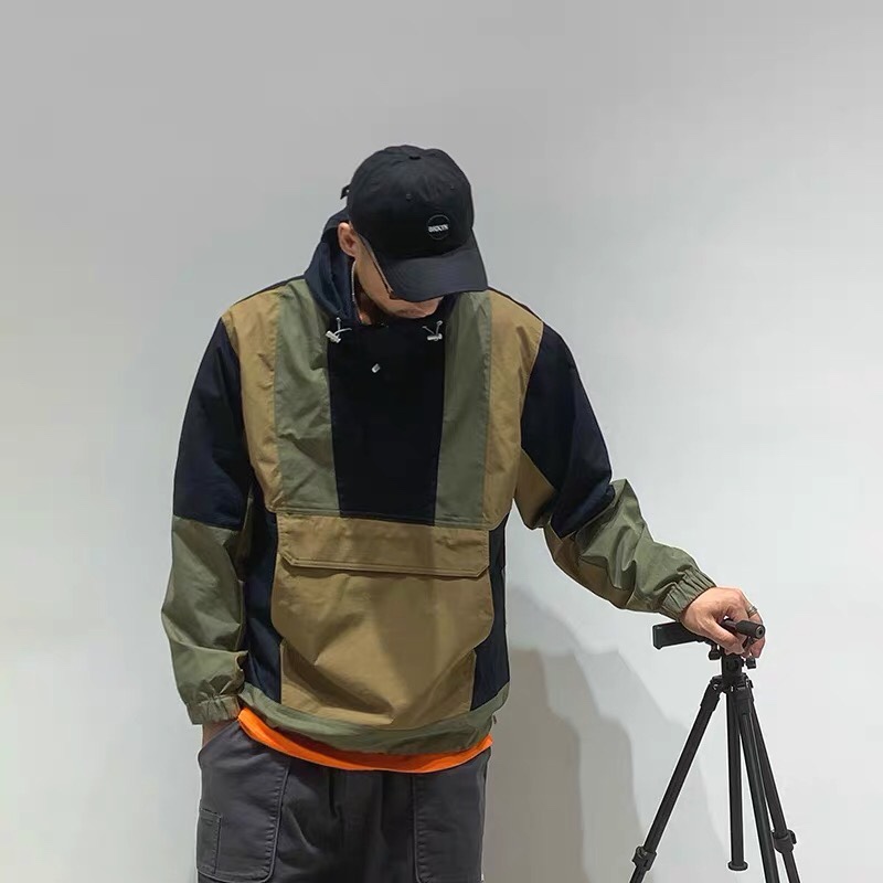 🆕 Original Trend Fashion Autumn New Men's Jumper Jacket American Casual Loose Hooded Patchwork Outerwear Jacket Tide Monochrome Spot 😊 Specification drawing