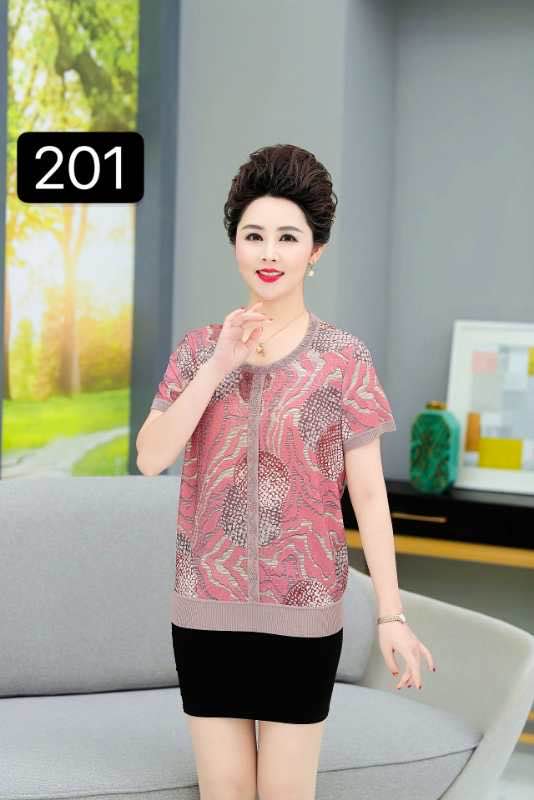 Mom's summer lapel short-sleeved stylish top for middle-aged and elderly women aged 50-60 summer ice silk knitted T-shirt 2