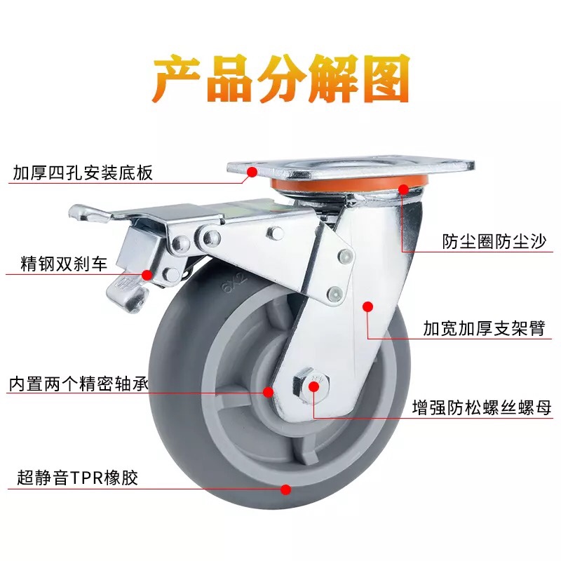 重型TPR橡胶脚轮万向轮刹车轮细节图
