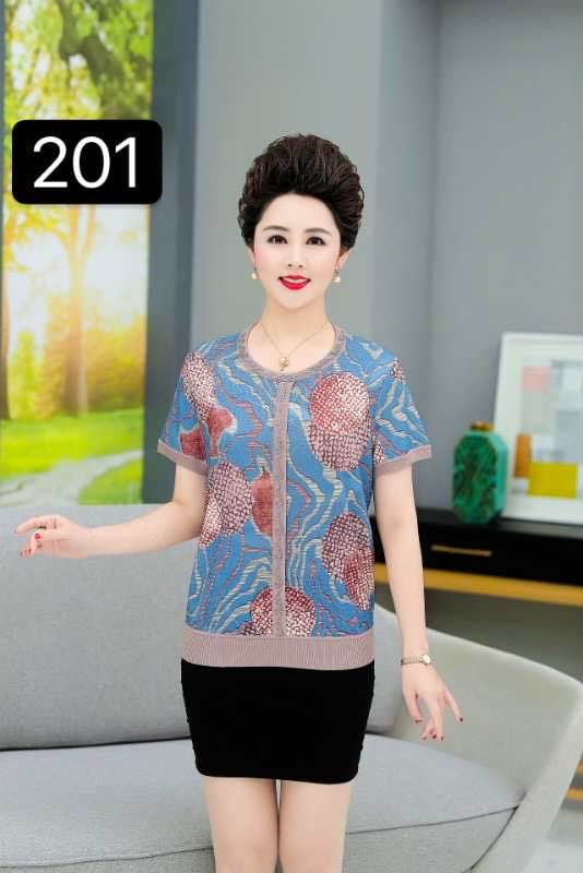Mom's summer lapel short-sleeved stylish top for middle-aged and elderly women aged 50-60 summer ice silk knitted T-shirt 3