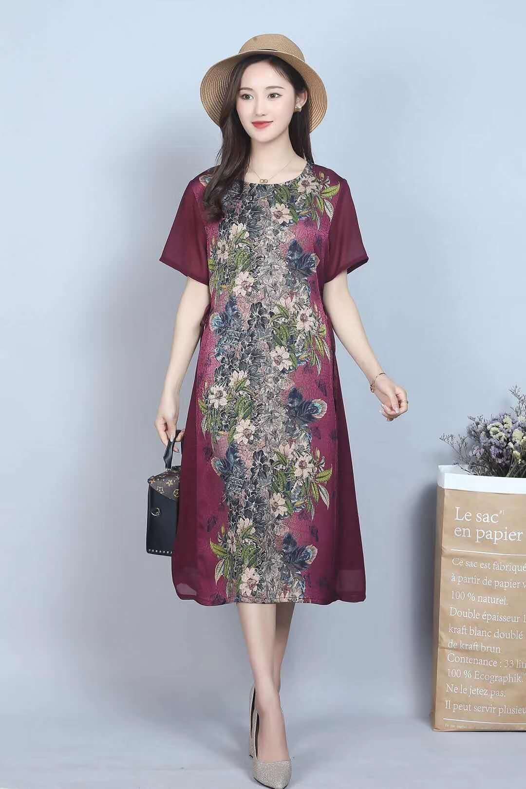 Xiangyunsha dress Summer New high-end Hangzhou silk Mom Women's clothing Rich Lady mid-length silk dress 4