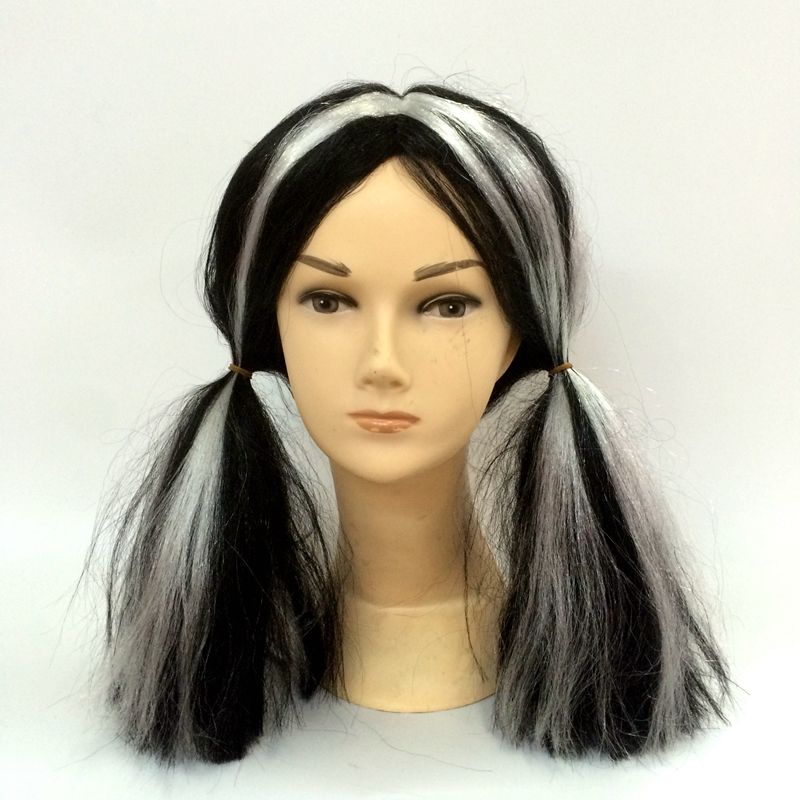 Qianfang's festival wig hat, black and white two-color witch wig, double braids, Halloween cosplay wig 2335